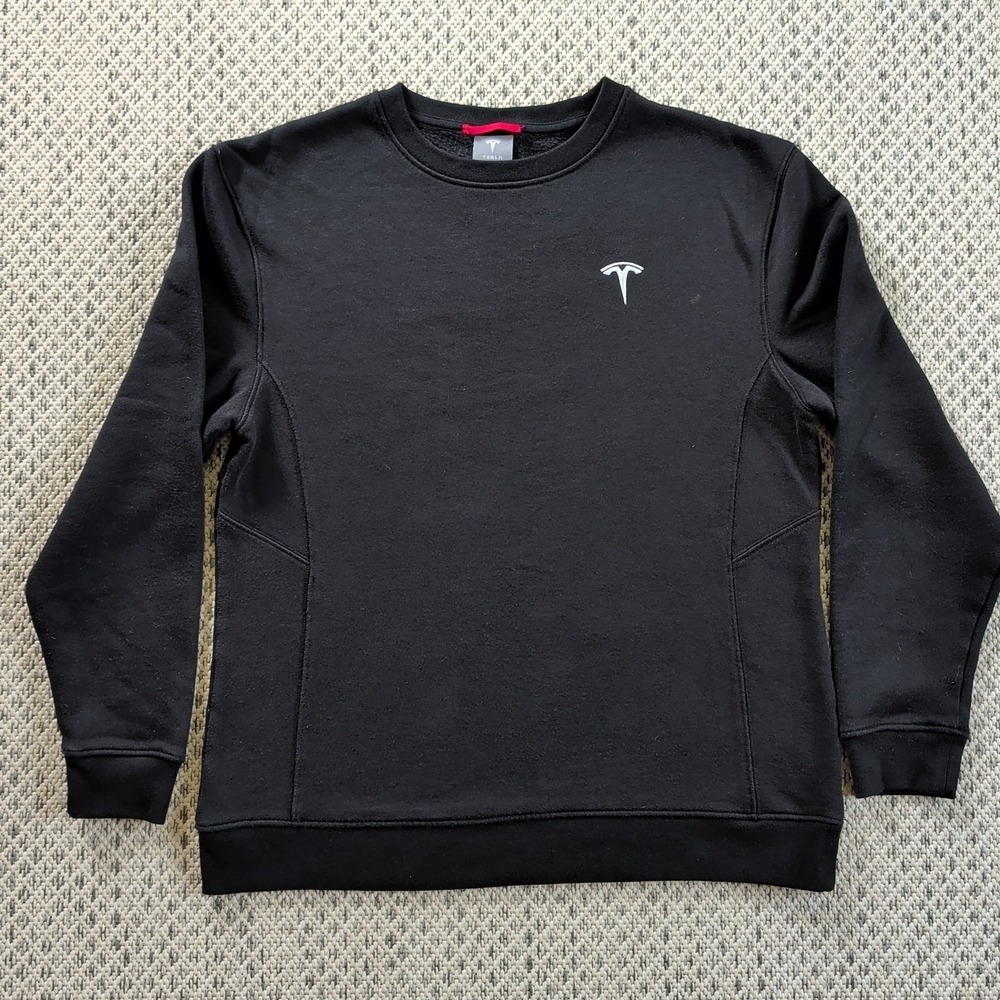 Tesla Sweatshirt Unisex Medium Black Fleece EV Logo Pullover Casual Rare
